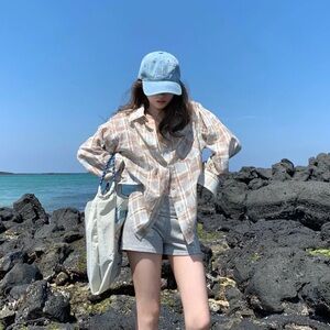Brown and light blue washed detail checked oversized shirt